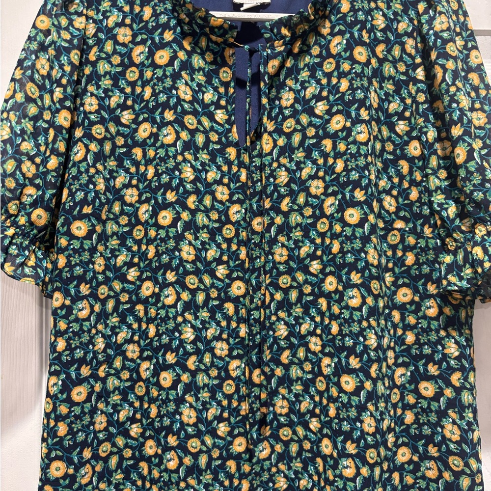 Navy Floral Blouse with Keyhole Detail